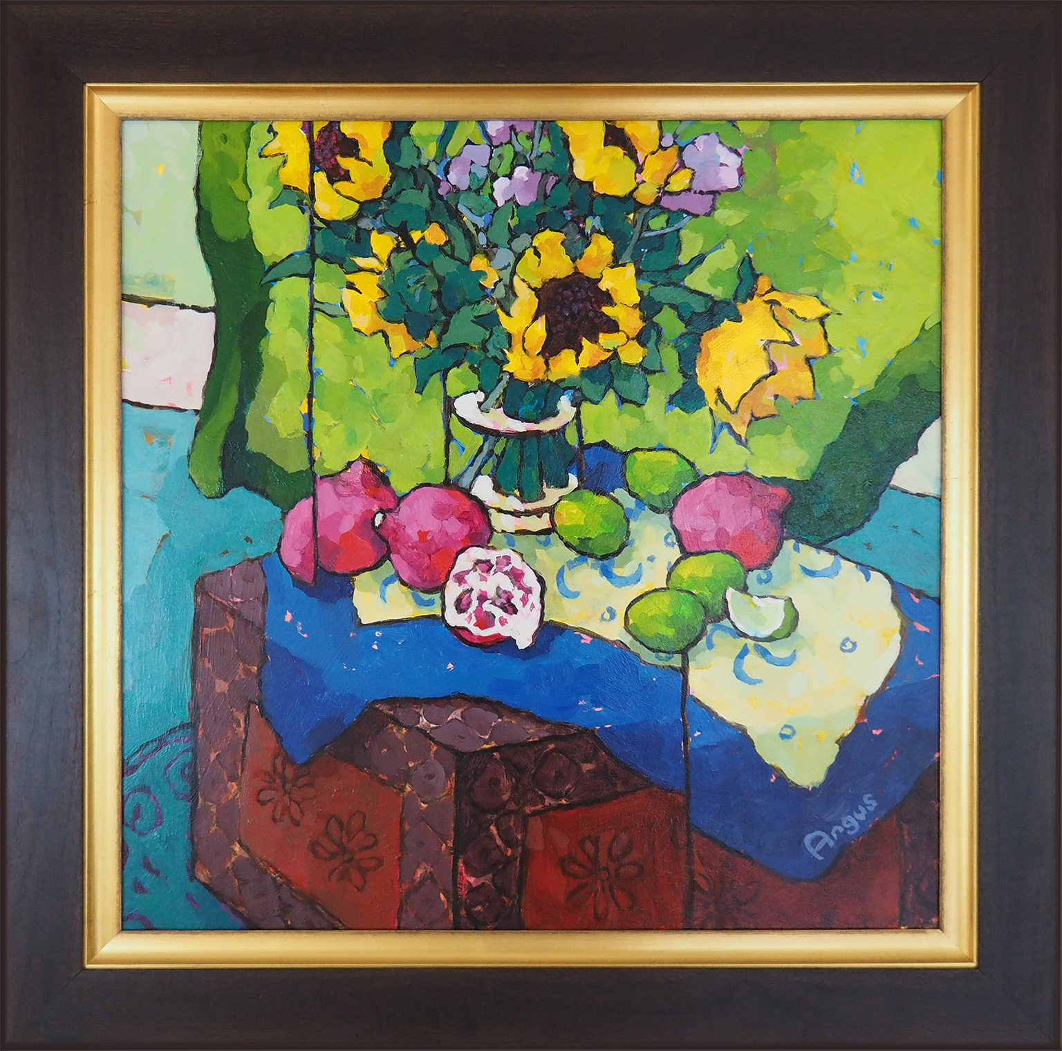 Angus Wilson - Sunflowers, Poms & Limes on Painted Box